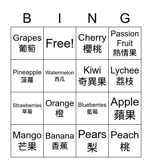 Fruits Bingo Card