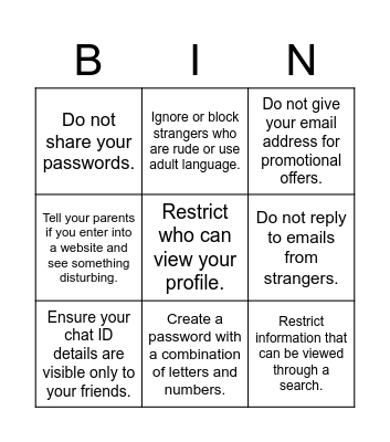 Safe internet usage Bingo Card