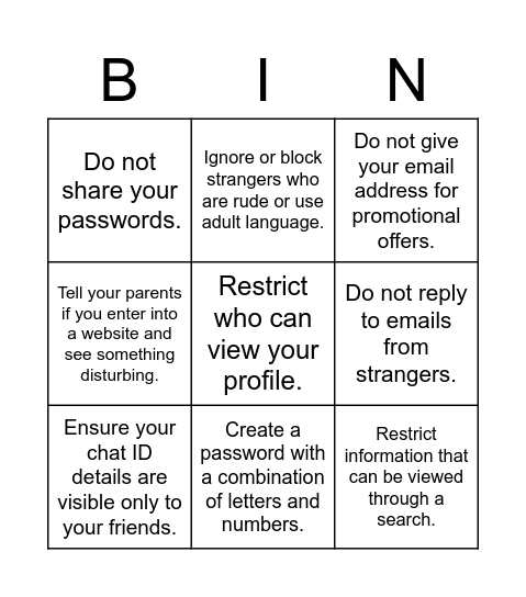 Safe internet usage Bingo Card