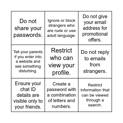 Safe internet usage for kids Bingo Card