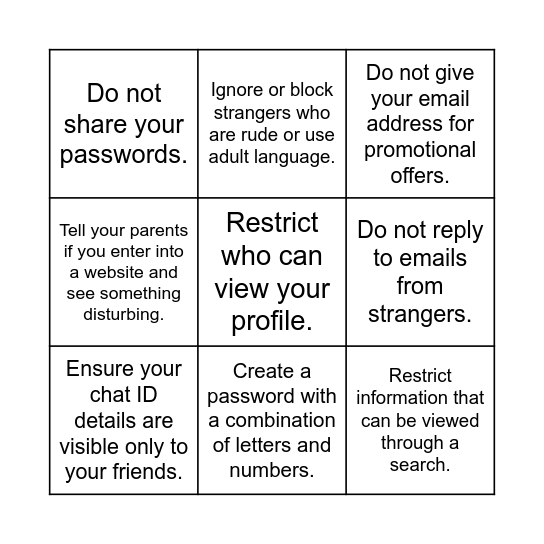 Safe internet usage for kids Bingo Card