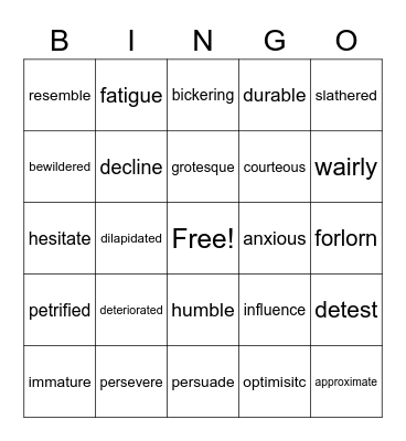 Vocabulary Bingo Card