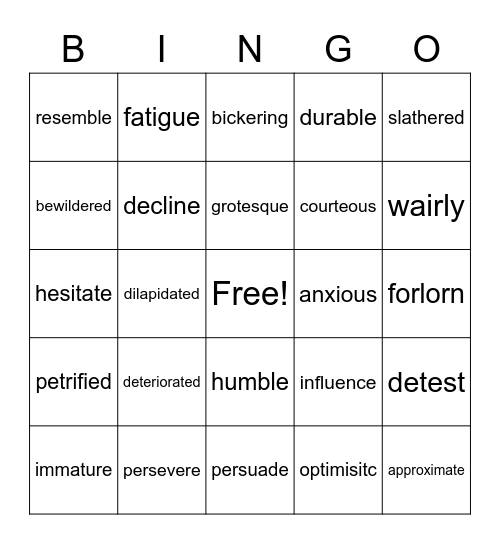 Vocabulary Bingo Card