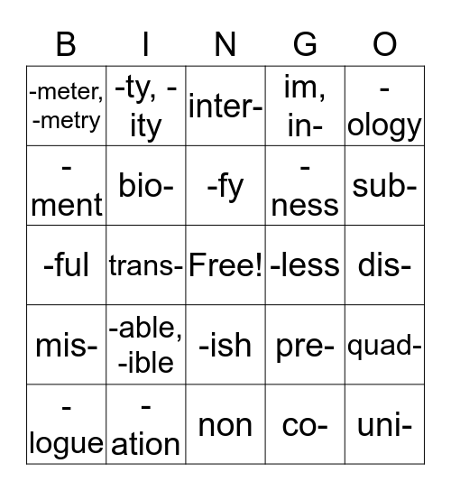 Suffix and Prefix Bingo Card