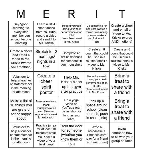 Cheer Merit Madness Bingo Card