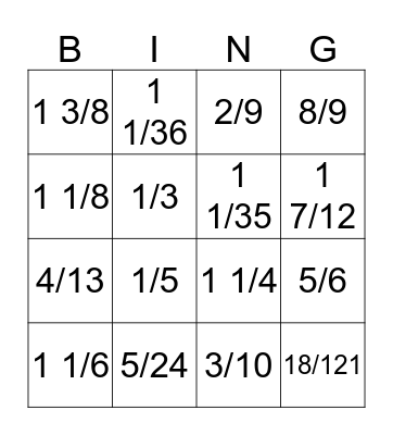 Fraction Bingo Card