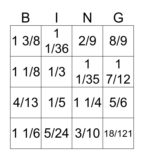 Fraction Bingo Card