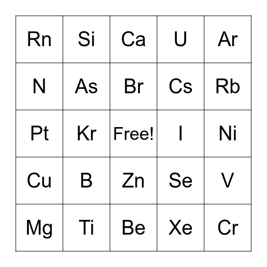 Periodic Table Bingo Card