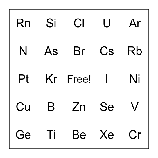 Periodic Table Bingo Card