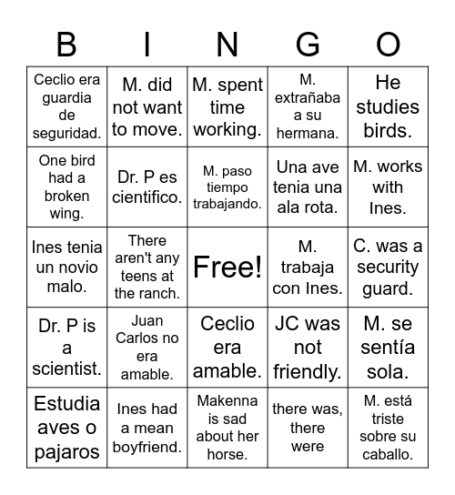 Retelling about Robo en La Noche Bingo Card