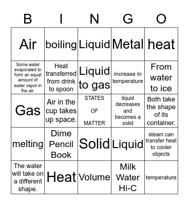 Solids, Liquids, Gasses Bingo Card