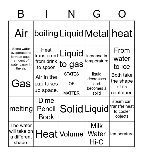 Solids, Liquids, Gasses Bingo Card