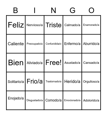 Feelings/Sentimientos Bingo Card