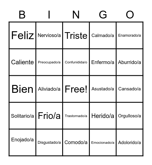 Feelings/Sentimientos Bingo Card