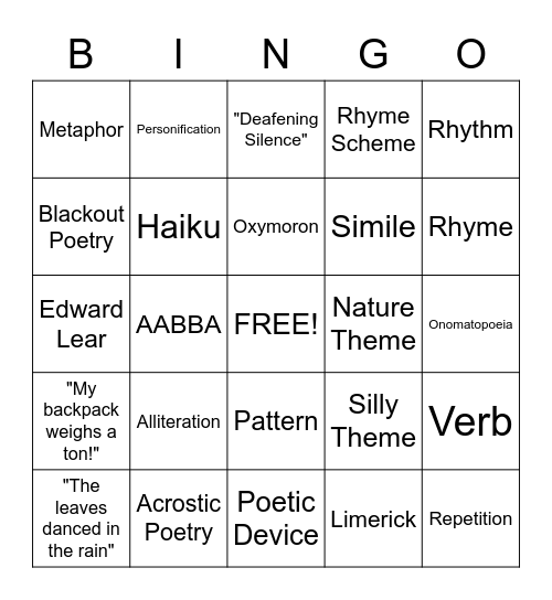 Poetry Bingo Card