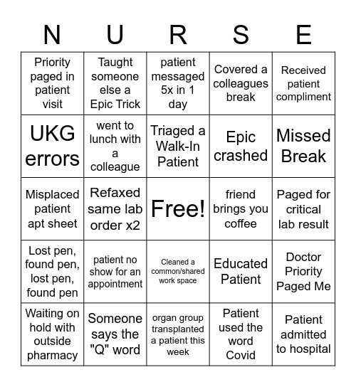 Transplant Center Nurses Week Bingo Card