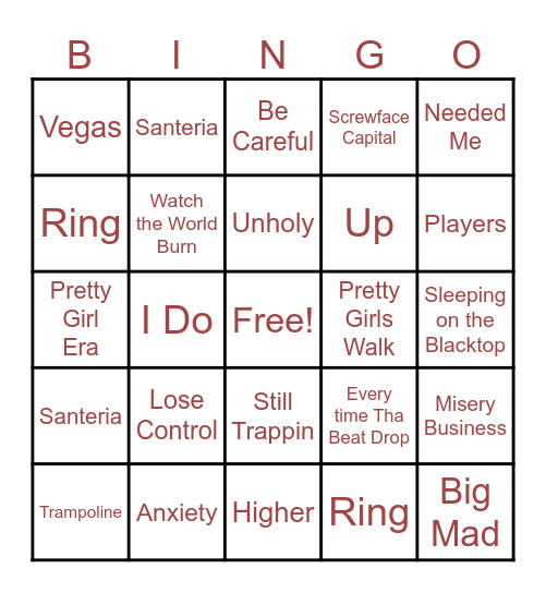 Amber's On Repeat Bingo Card