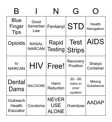 Harm Reduction BINGO Card