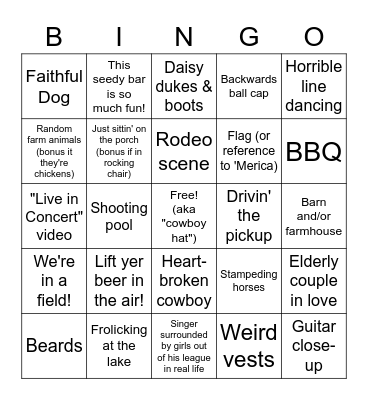 COUNTRY MUSIC VIDEO Bingo Card