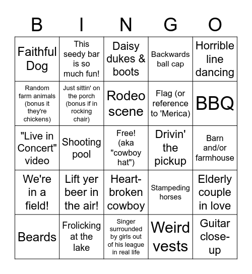 COUNTRY MUSIC VIDEO Bingo Card