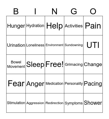 Aggression and Dementia Bingo Card