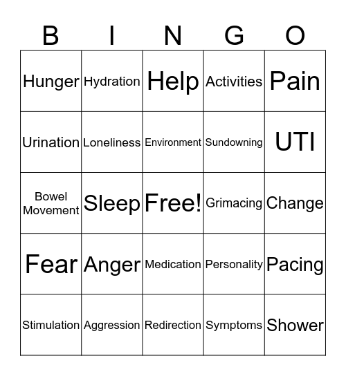 Aggression and Dementia Bingo Card
