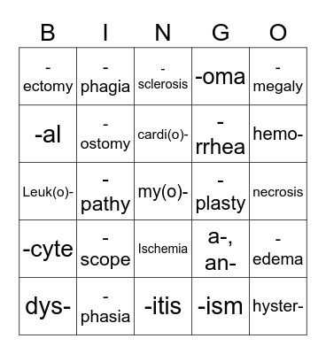 Medical Terminology Bingo Card