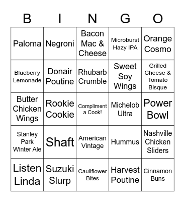 New Menu Items Bingo Card