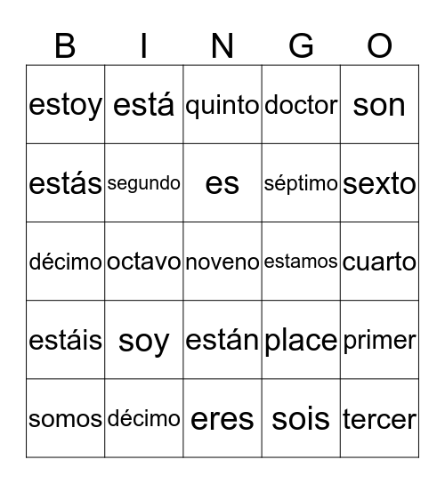 Ser. Estar, and Ordinal Numbers Bingo Card