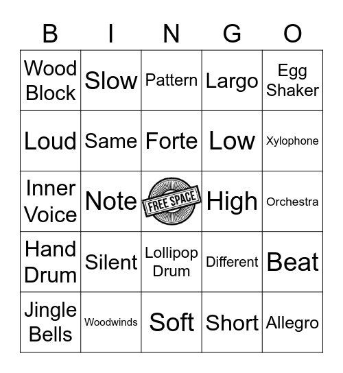 Kindergarten Music Words Bingo Card