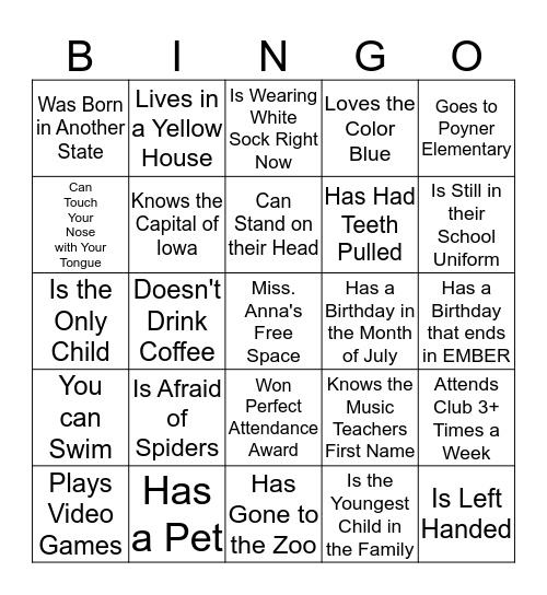 Evansdale Boys & Girls Club Bingo Card