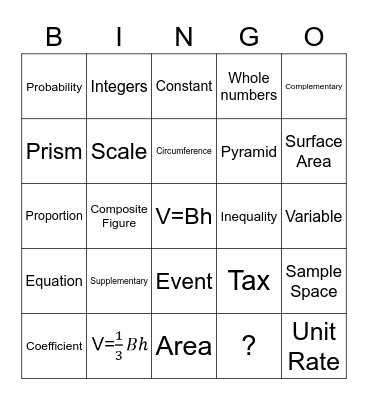 Math Vocab Bingo Card