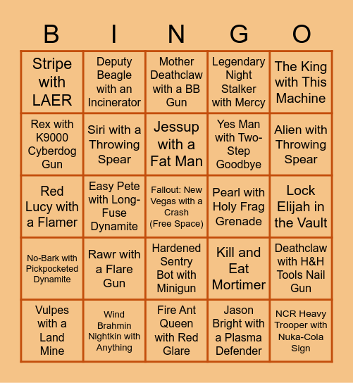 Fallout: New Vegas Kill-Sheet Bingo Card