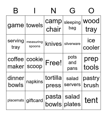 Bridal Shower Gift Bingo Card