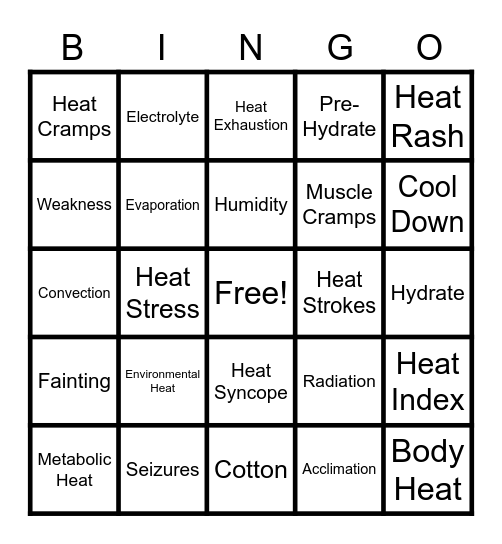 Heat Stress Bingo Card