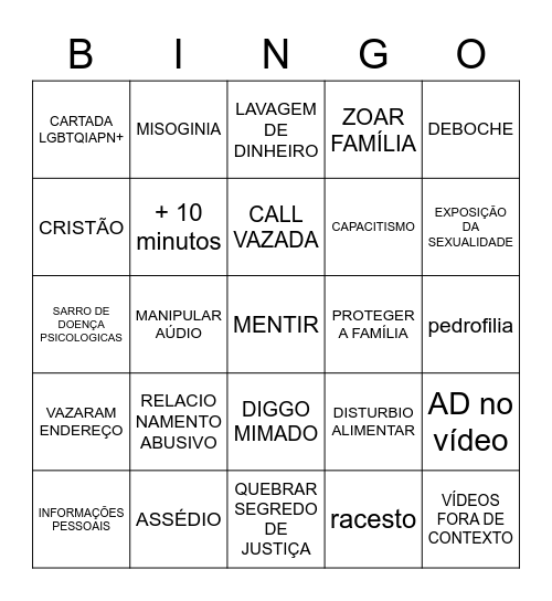 O QUE TERÁ NO EXPOSED DO DIGGO Bingo Card