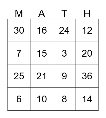 Division Bingo Card