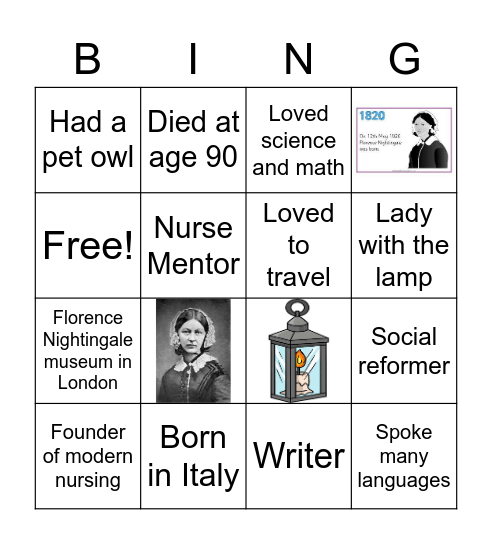 Florence Nightingale Fun Facts Bingo Card