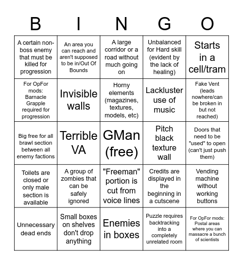 Half Life 1 Mods Bingo Card