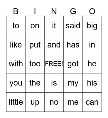 Sight Words Group 1 Bingo Card
