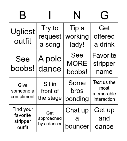 Erin’s Strip Club Bingo Card