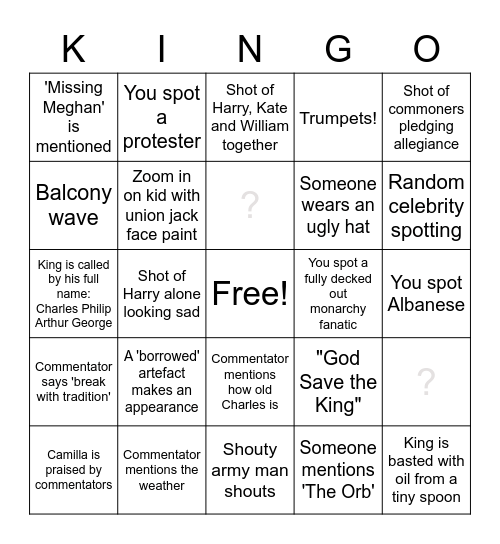 Coronation Kingo Bingo Card