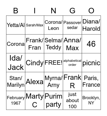 Purim Cousin's Club Bingo Card