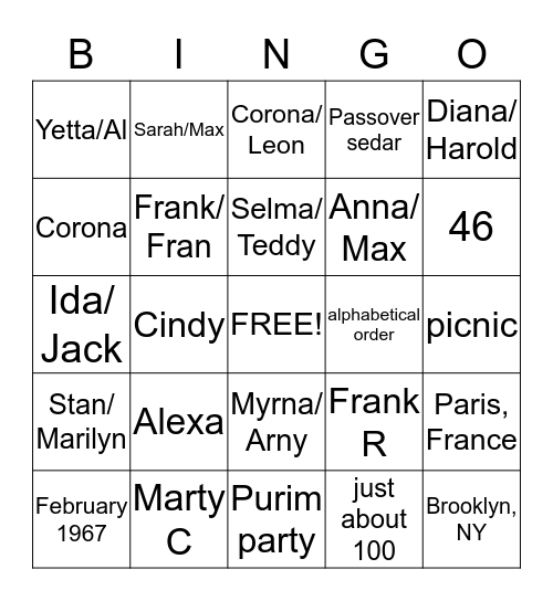 Purim Cousin's Club Bingo Card