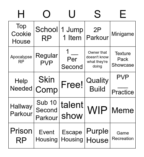 /Housing Random Bingo Card