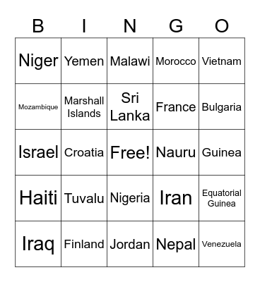 countris Bingo Card