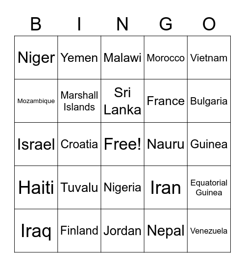 countris Bingo Card