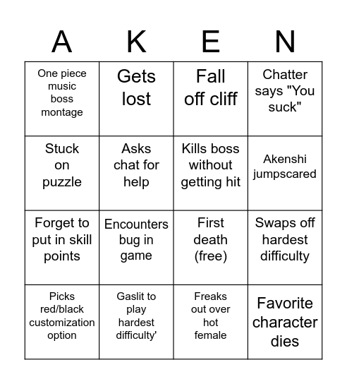 Akenshi Solo Game Bingo Card