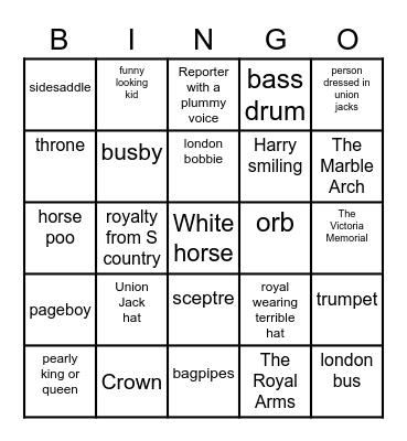 Coronation Bingo Card