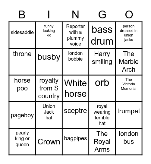 Coronation Bingo Card